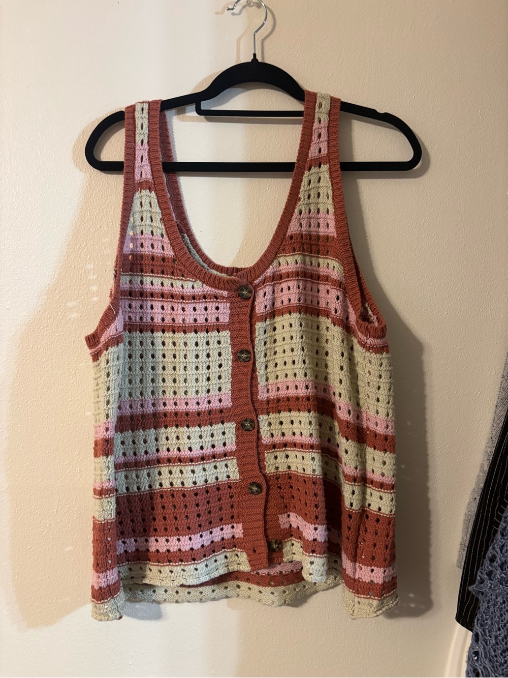 a.n.a Crocheted Striped Tank in Rust, Cream & Pink